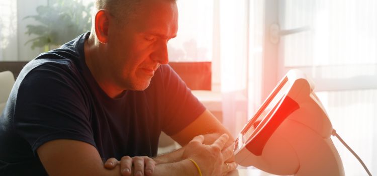 Man using a red light therapy device at home for bruxism or muscle relief